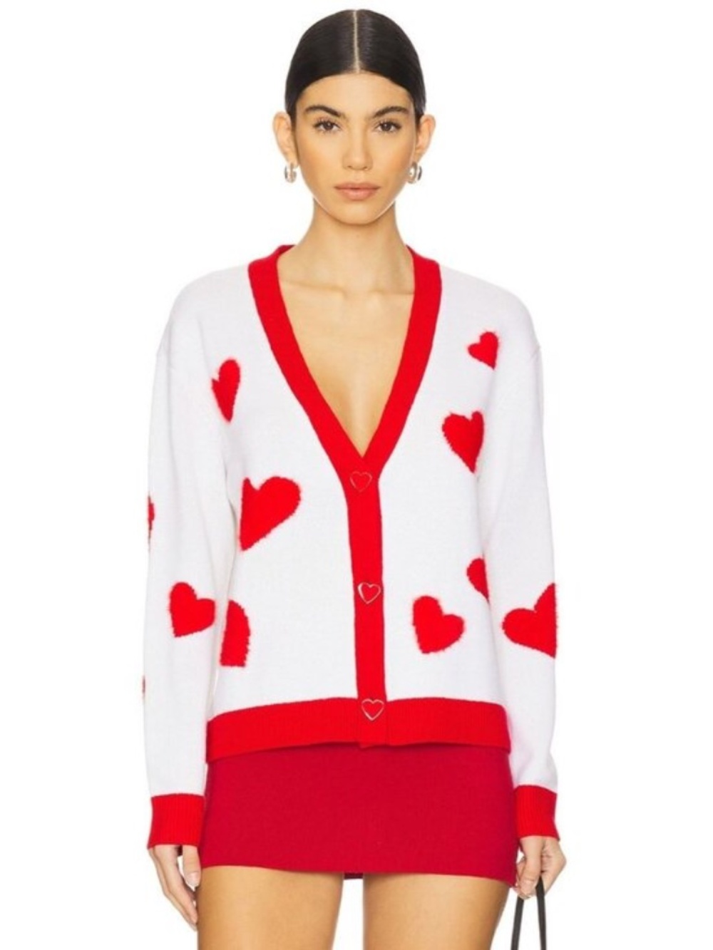 Alice + Olivia Bradley Intarsia Heart Wool Cardigan Off White Bright Ruby Size M